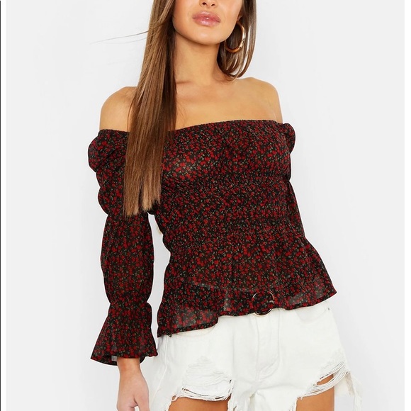 Boohoo Petite Rose Print Bardot Top - Picture 6 of 7